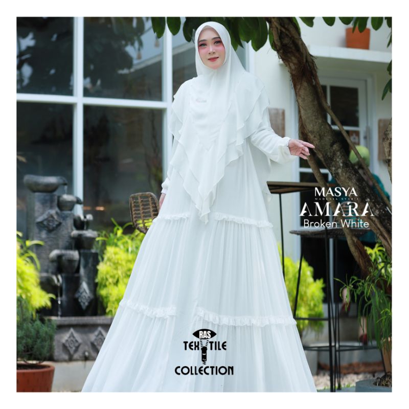 Set Gamis Dress Ceruty Babydoll Syari Branded Warna Putih  - Putih Tulang - Broken White Mewah Masya