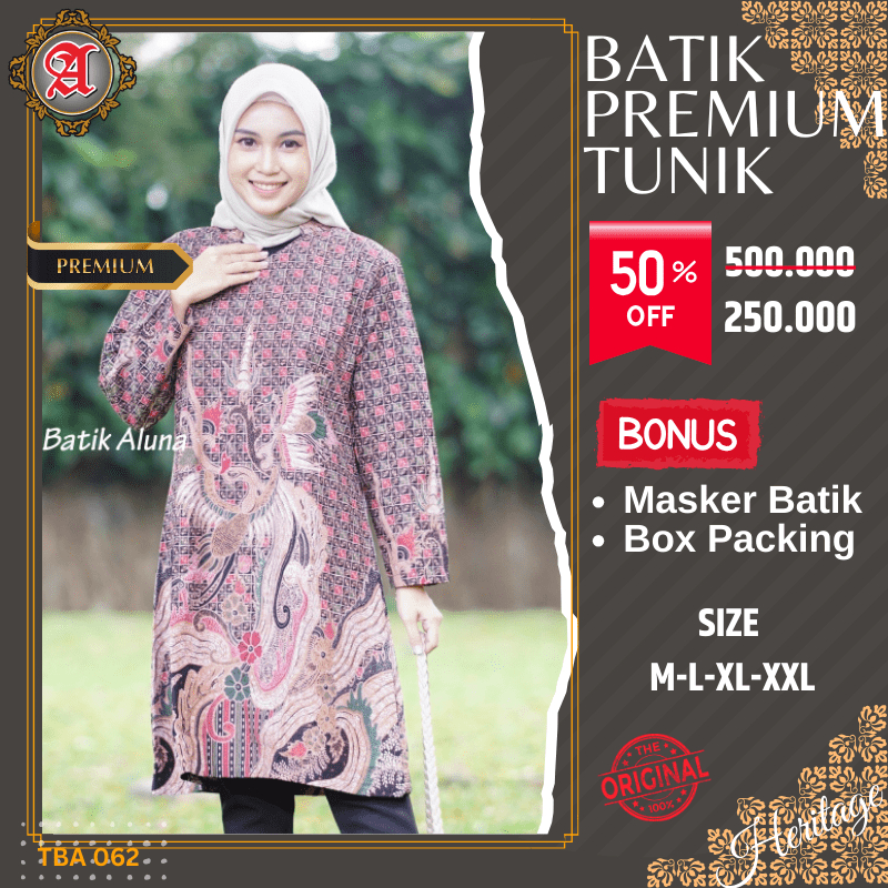 Dress Batik Wanita Dewasa Lengan Panjang Atasan Tunik Baju Batik Cewek Premium Modern Mewah Model Elegan Batik Aluna Solo TBA 062