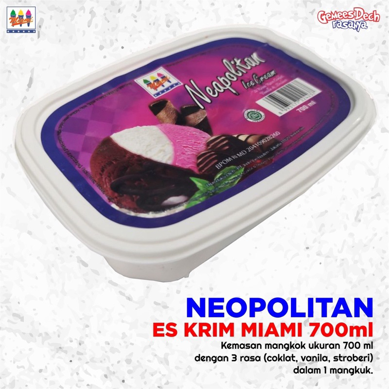 

ES KRIM MIAMI NEOPOLITAN MIX 3 RASA COKLAT,VANILLA,STROBERI 700ML