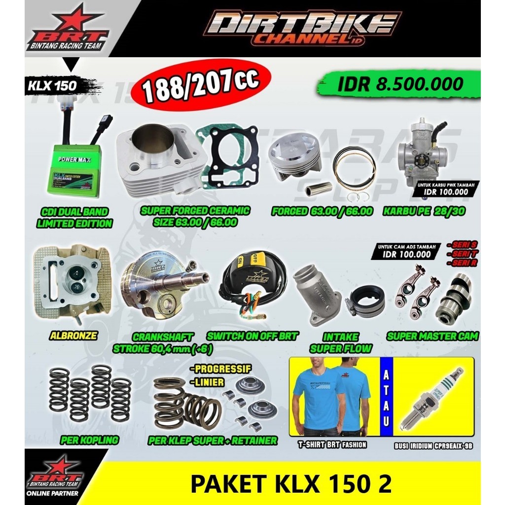 PAKET Bore Up BRT KLX 150 DTRACKER 150 TRABAS SUPERMOTO 170 180 190 200cc Kruk As Head Blok CDI Karb