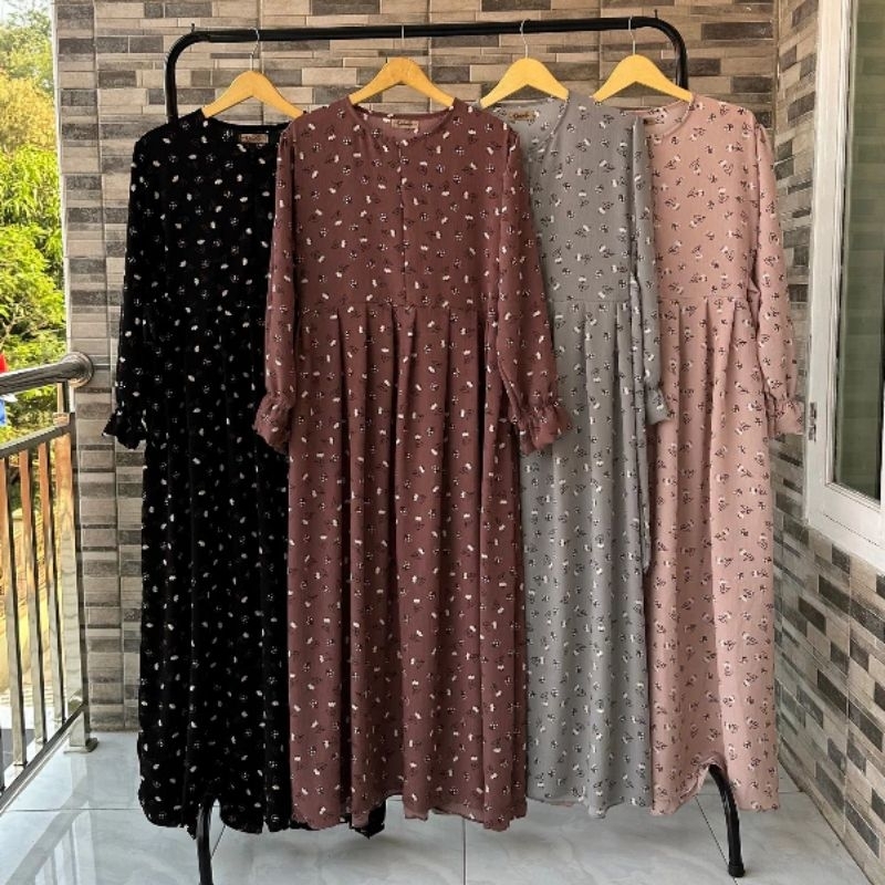 Natalia dress gamis busui bahan youryu crinckle motif bunga kecil dewasa remaja