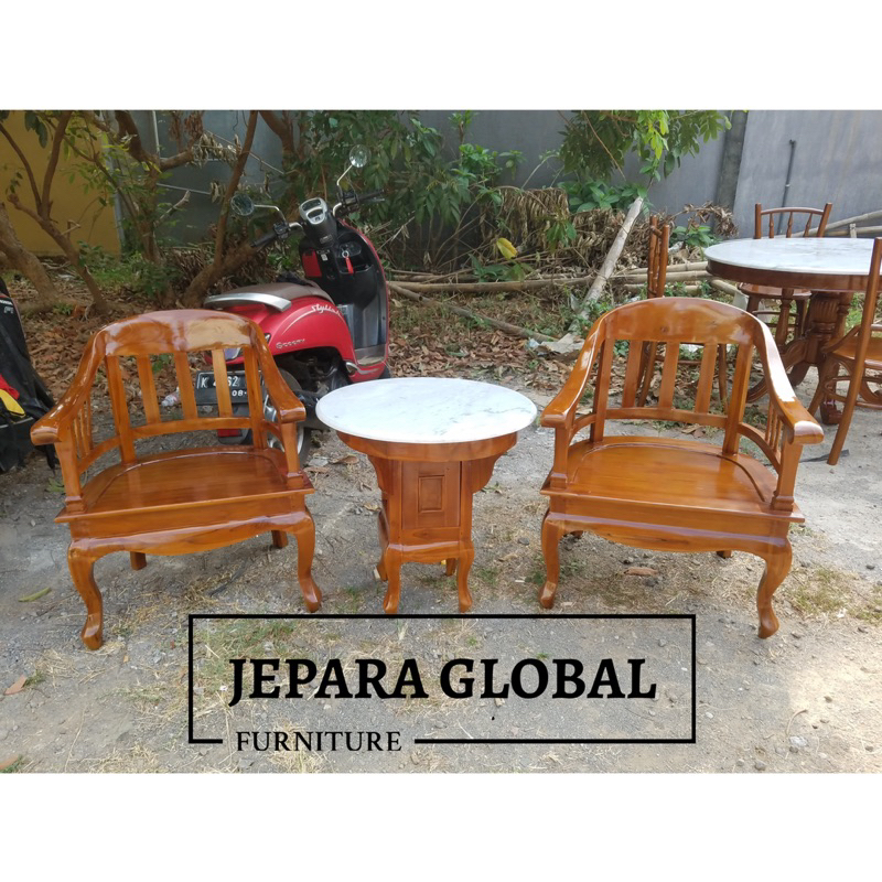 REAL PICT JGF  Kursi teras kanjungan jati Marmer ( kursi teras betawi, kursi teras klasik jati. meja
