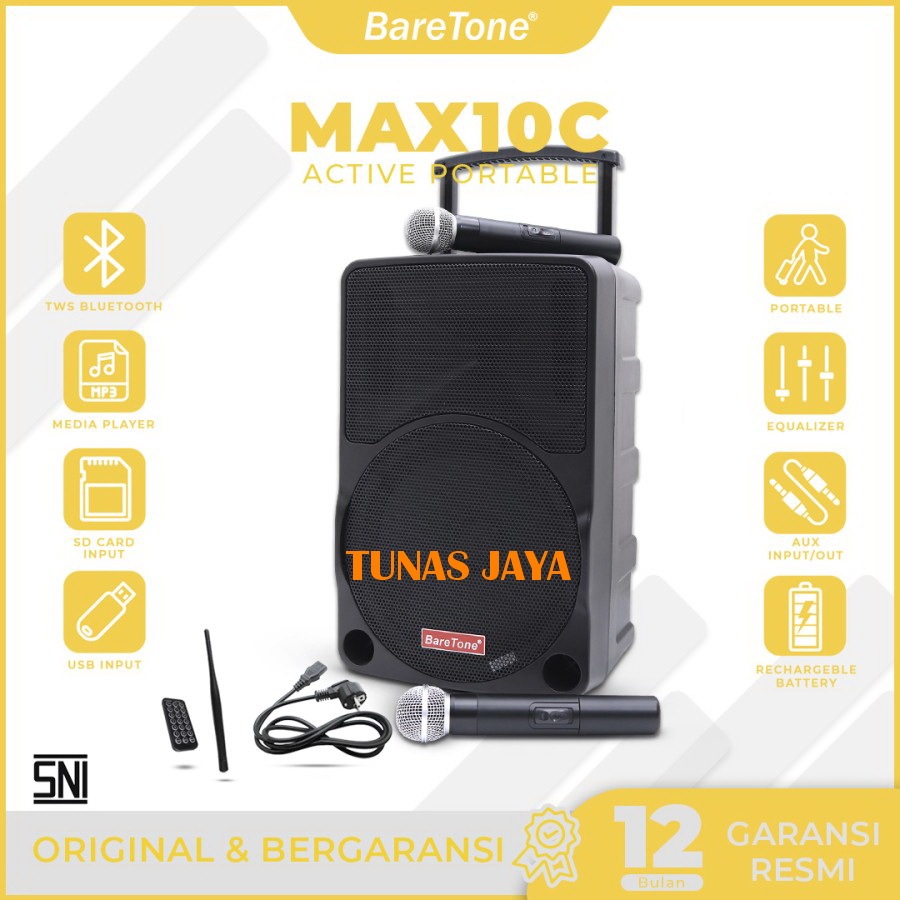 Speaker Portable Amplifier Wireless Baretone MAX10C Bluetooth 10 inch Baretone MAX 10C