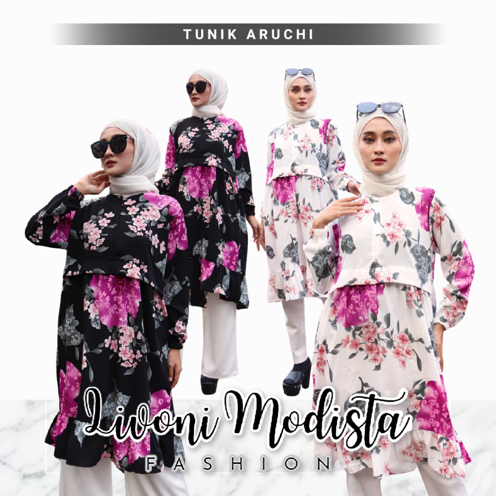 Tunik Aruchi Atasan Baju Muslim Kekinian Outfit Wanita Hijab Motif Bunga Terbaru By Livoni Modista
