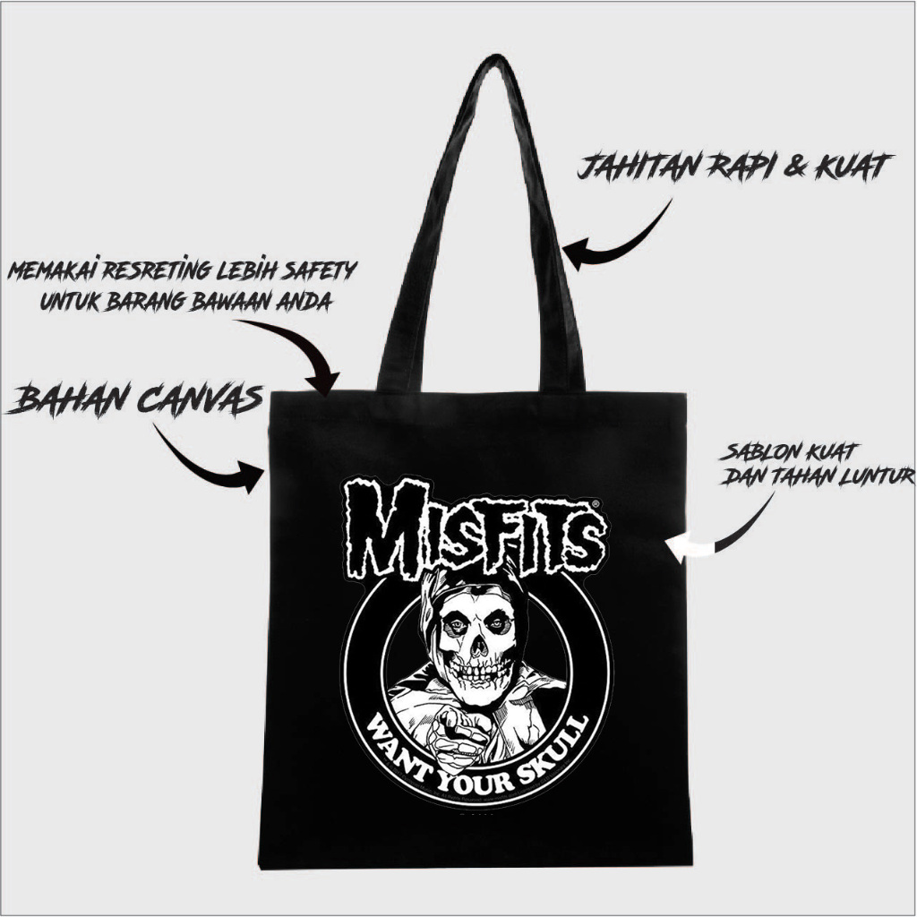 TOTEBAG MISFITS BAHAN CANVAS DRILL TEBAL / TOTEBAG BAND MISFITS VINTAGE