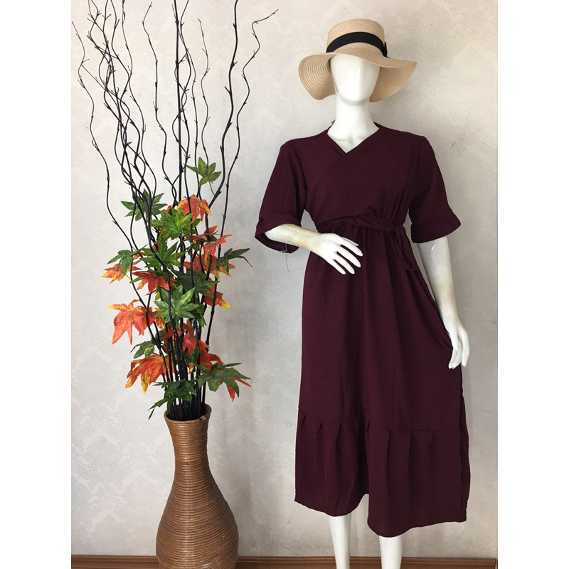 Longdress Crinkle Polos Model Kimono Tali Ikat Belakang | Daster Wanita Busui Friendly Rempel Bawah 