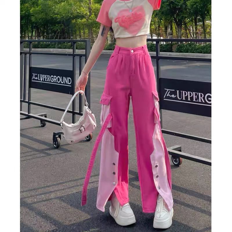 Roxanne Jeans | MILKTEAS | Celana Jeans Pink Cargo High Waist Baggy Jeans Korean Style