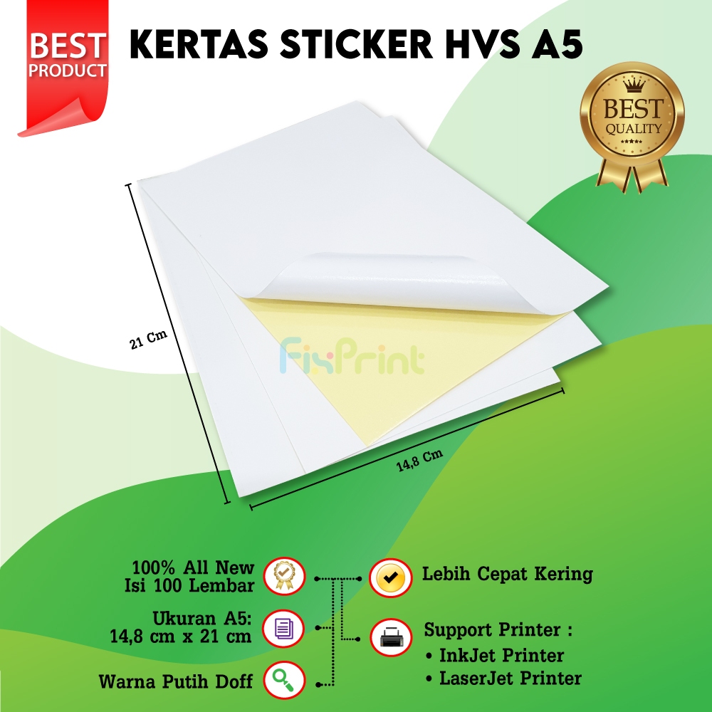 

Stiker Kertas A5, Kertas Stiker A5 Inkjet Laser Jet, isi 100 New