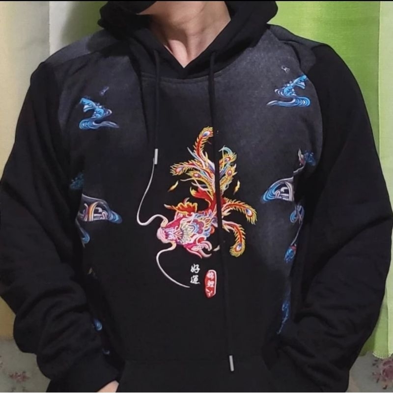 Jaket Hoodie Pria Hitam Ikan Koi Jepang Sulam Sablon Import Premium