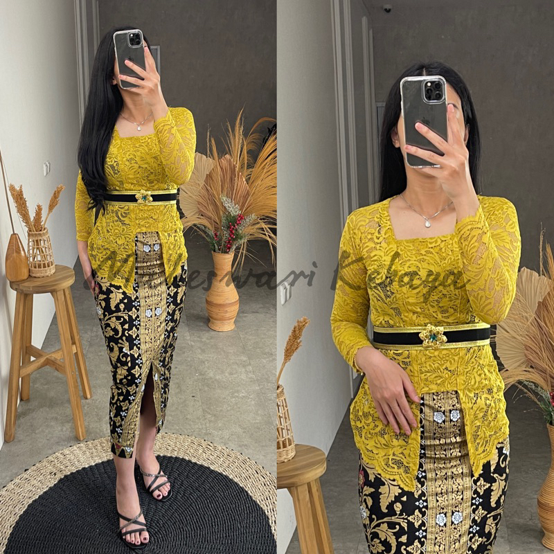 Kebaya Bali Set Brukat Kutubaru Panjang Hijau Sandat