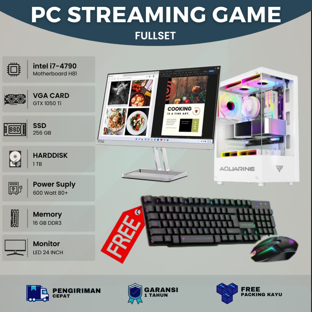 PC RAKITAN I7 GTX 1050 TI FULLSET MONITOR 24 INCH LIVE STREAMING/GAMING/RENDERING/EDITING CPU