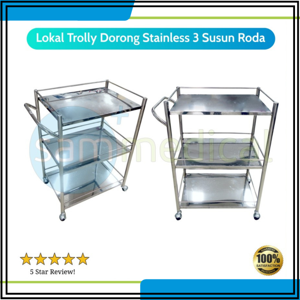 Lokal Trolly Dorong / Meja Instrumen Stainless 3 Susun Roda