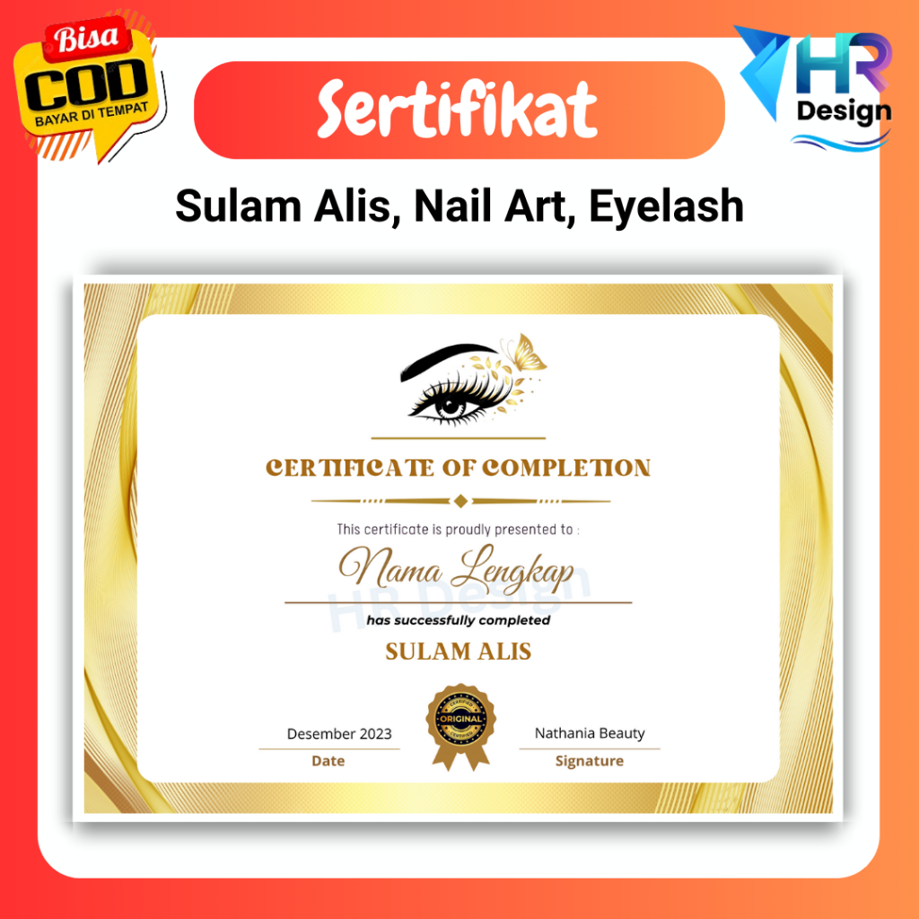 

Cetak sertifikat Eyelash Extension Course Sertifikat Kursus Kecantikan Class Tema Gold