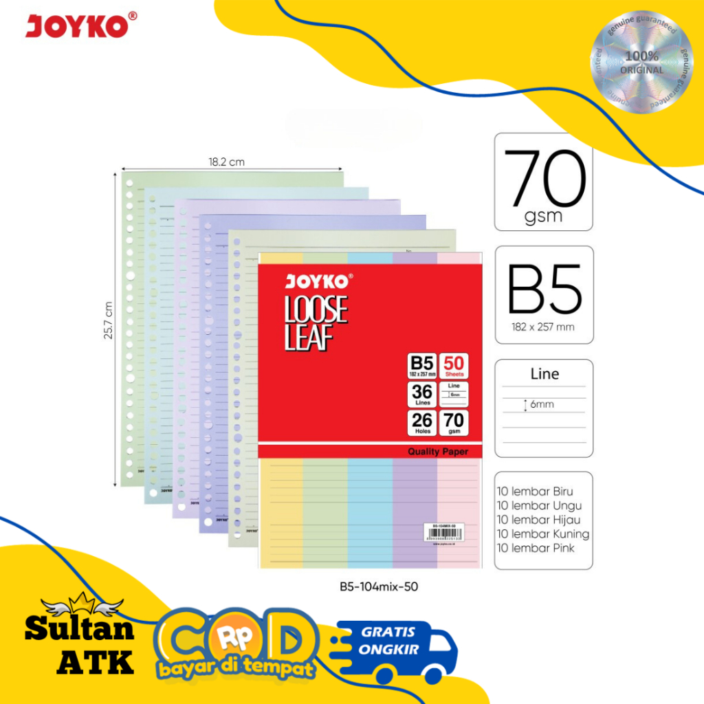 

ISI KERTAS BINDER B5 WARNA / LOOSE LEAF COLOR JOYKO B5-104MIX ( 26 HOLES )