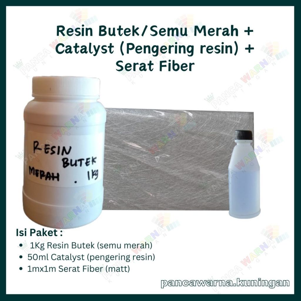 PAKET RESIN BUTEK SEMU MERAH & RESIN BENING 1Kg + CATALYST 50ml + 1mx1m Serat Fiber AQUAPROOF - Baha