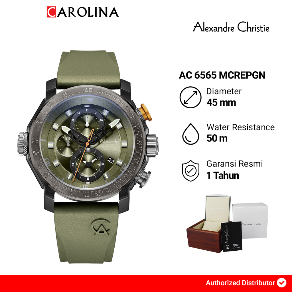 Jam Tangan Pria Alexandre Christie Chronograph AC 6565 MCREPGN Black Dial Green Rubber Strap