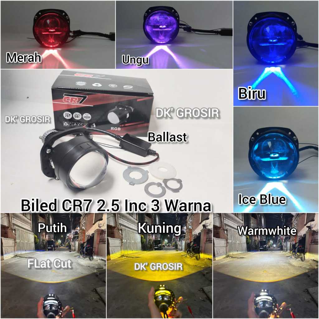BILED All Weather - Projector Biled CR7 2.5 inc 3 COLOUR / 3 Warna jauh dekat Plus Devil Waterproof 