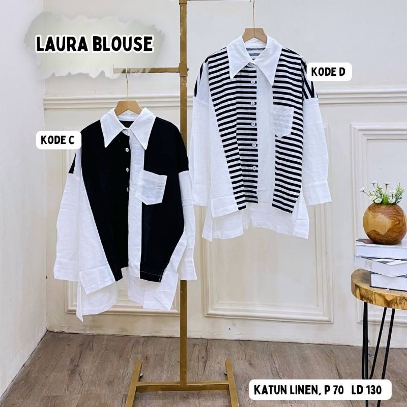 new 9 laura Tunik casual warna putih kombinasi hitam atasan cewe motif salur mix polos Bahan katun T