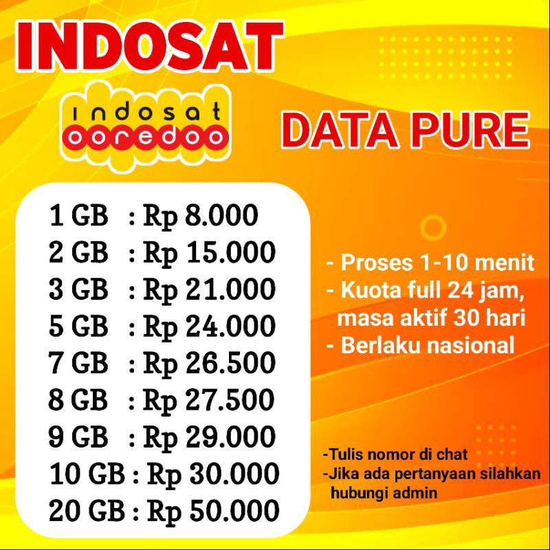 PAKET DATA PURE INDOSAT OOREDOO / IM3 PROMO | FULL  24 JAM | 30 HARI | ALL ZONA 1 GB