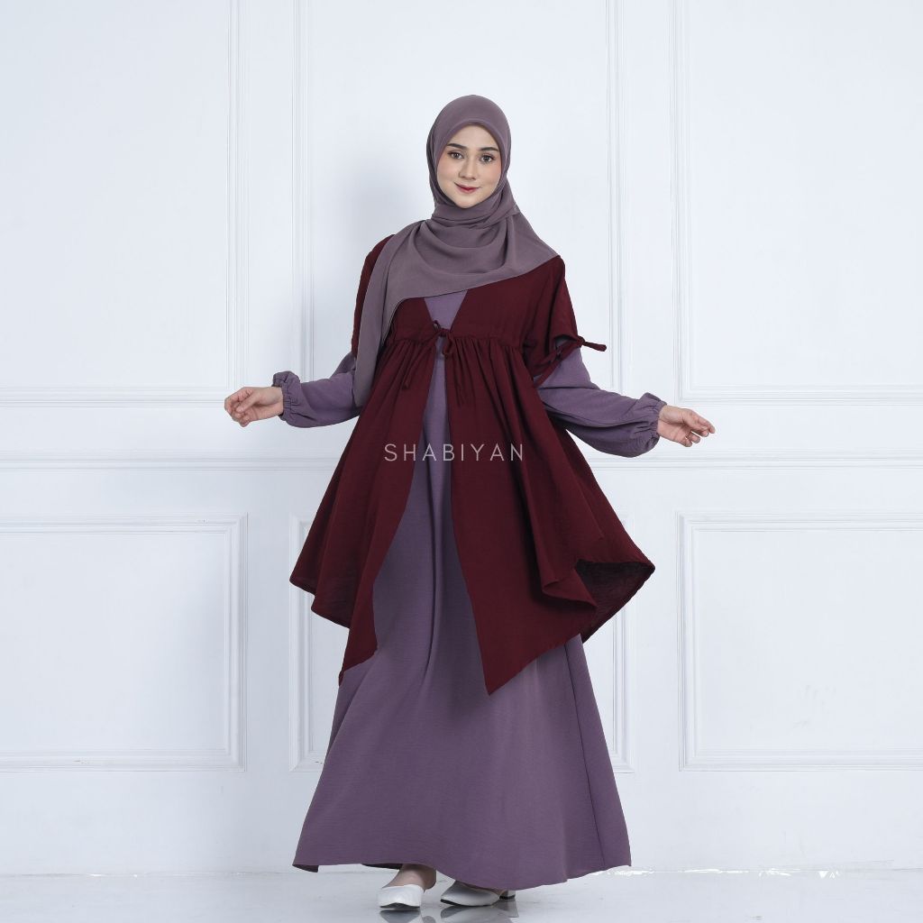 SHABIYAN 484 Gamis Set Outer Muslim Polos Kombinasi Crinkle | Halwah-1
