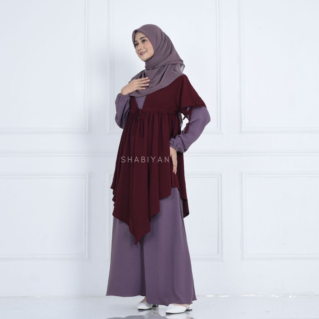 SHABIYAN 484 Gamis Set Outer Muslim Polos Kombinasi Crinkle | Halwah