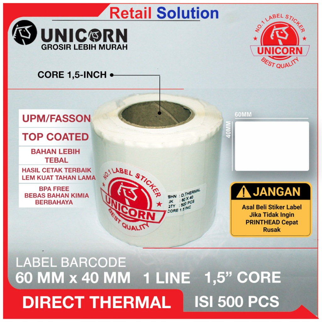 

Stiker Label Barcode Thermal 60x40 mm / 60 x 40 mm / 60x40mm Core 1.5