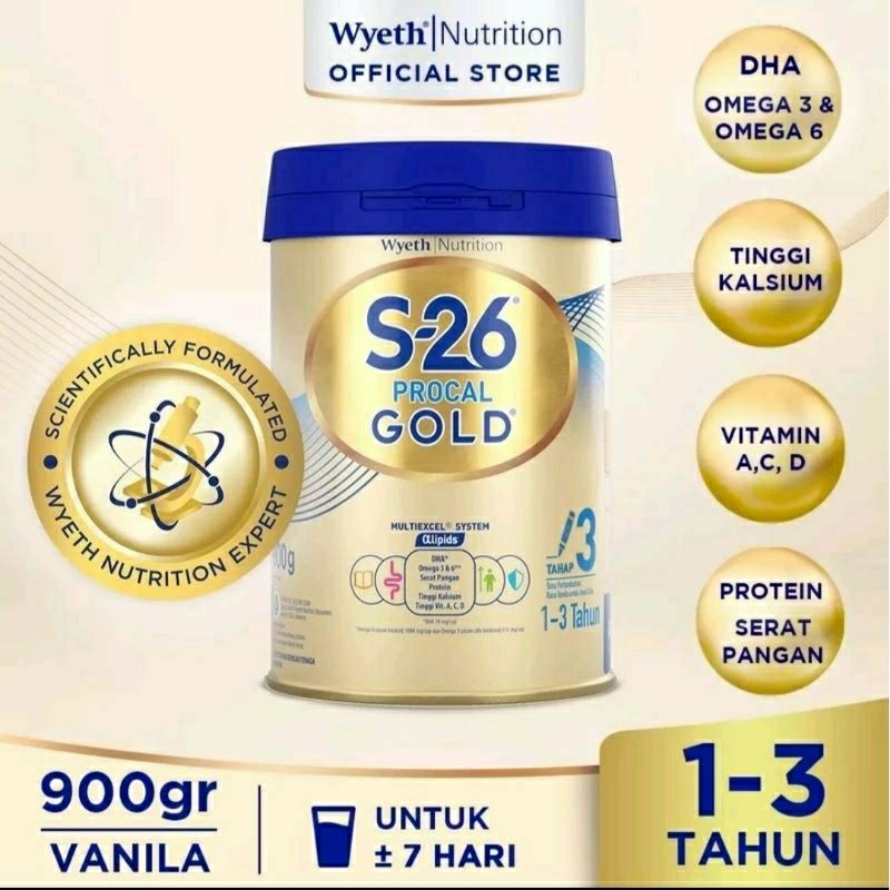 Susu Formula S-26 Procal GOLD Tahap 3 Vanila Susu Pertumbuhan Anak Usia 1-3 Tahun, Kaleng 900 gr Mur