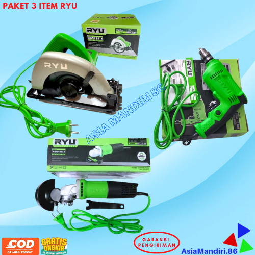 PAKET TUKANG 3 ITEM RYU CIRCULAR SAW+MESIN BOR 10MM+GERINDA RYU
