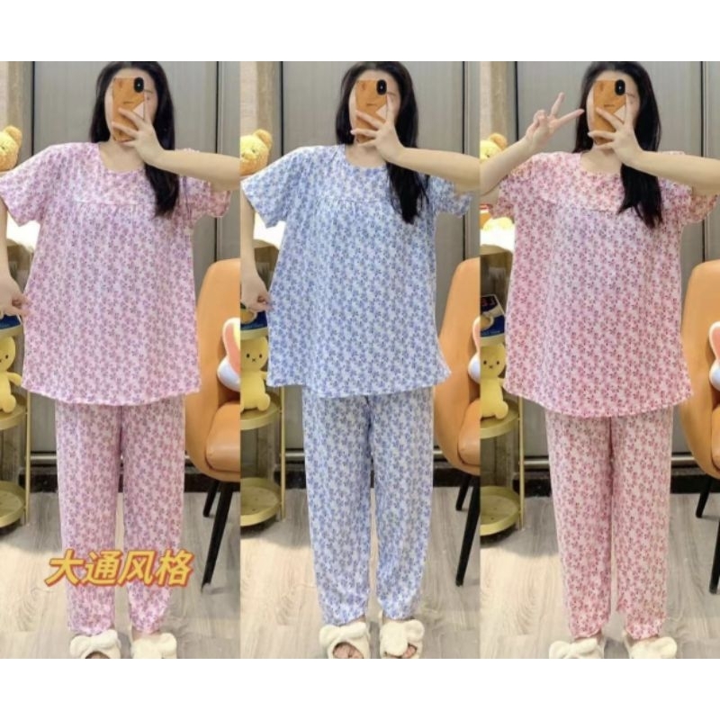 Piyama Baju Tidur Wanita Setelan Celana Panjang Lengan Pendek Motif Bunga