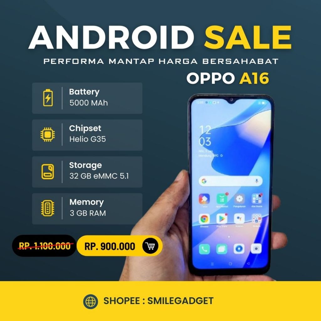 [PROMO] Oppo A16 Bekas FULLSET RAM 3GB ROM 32GB SECOND BERGARANSI 7 HARI
