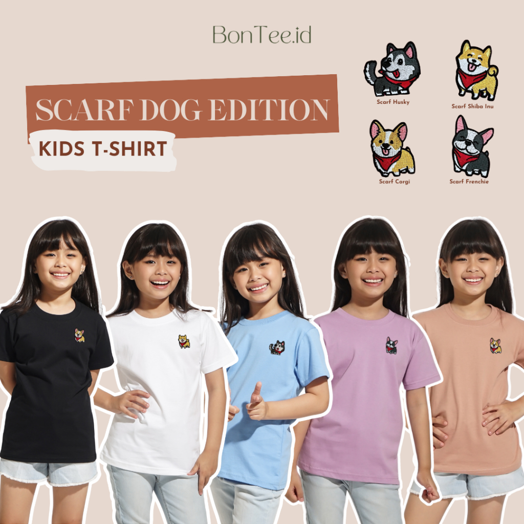 KIDS - SCARF DOG EDITION - Baju Kaos Anak Kecil Atasan Bordir Patch Motif Anjing Lucu Premium - Leng
