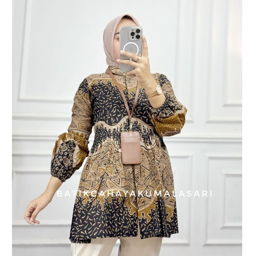 Blouse Batik Wanita Lengan Balon Medina Coklat - Atasan Kerja Wanita Bahan Katun - Blouse Kantor Wan
