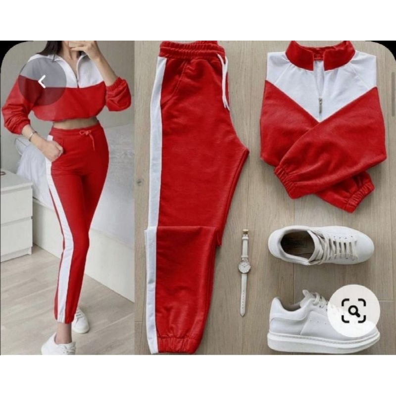 1 set setelan wanita crop terbaru polos