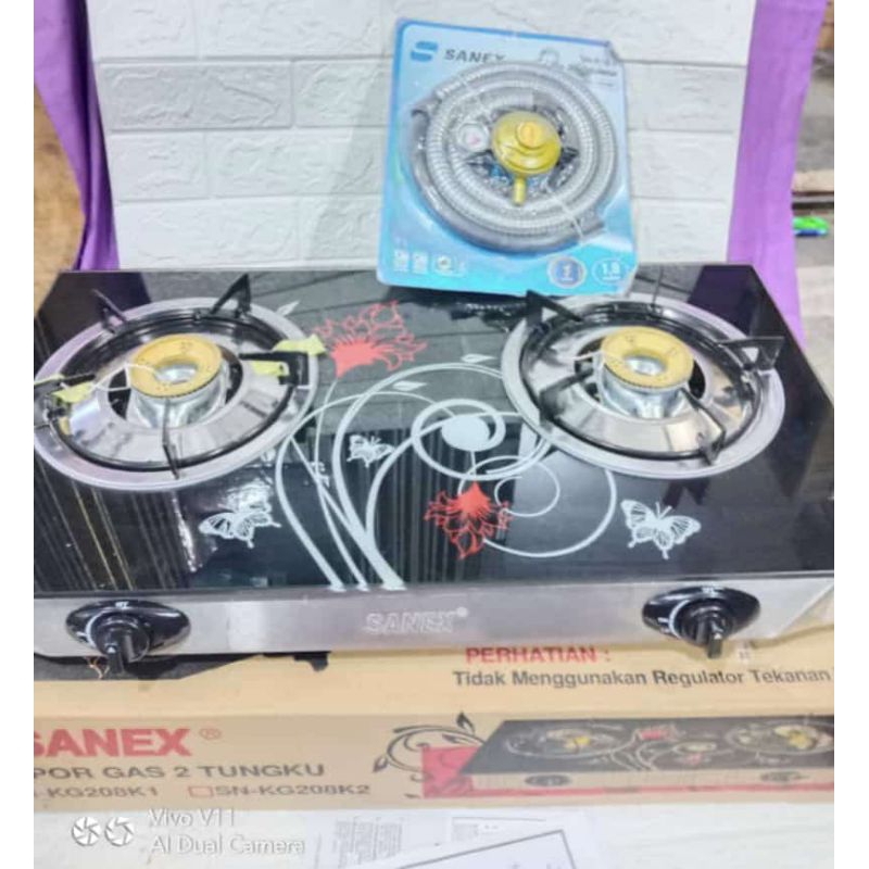 Kompor gas kaca 2 tungkuSN KG208K1 merk sanex Set selang sanex Batam