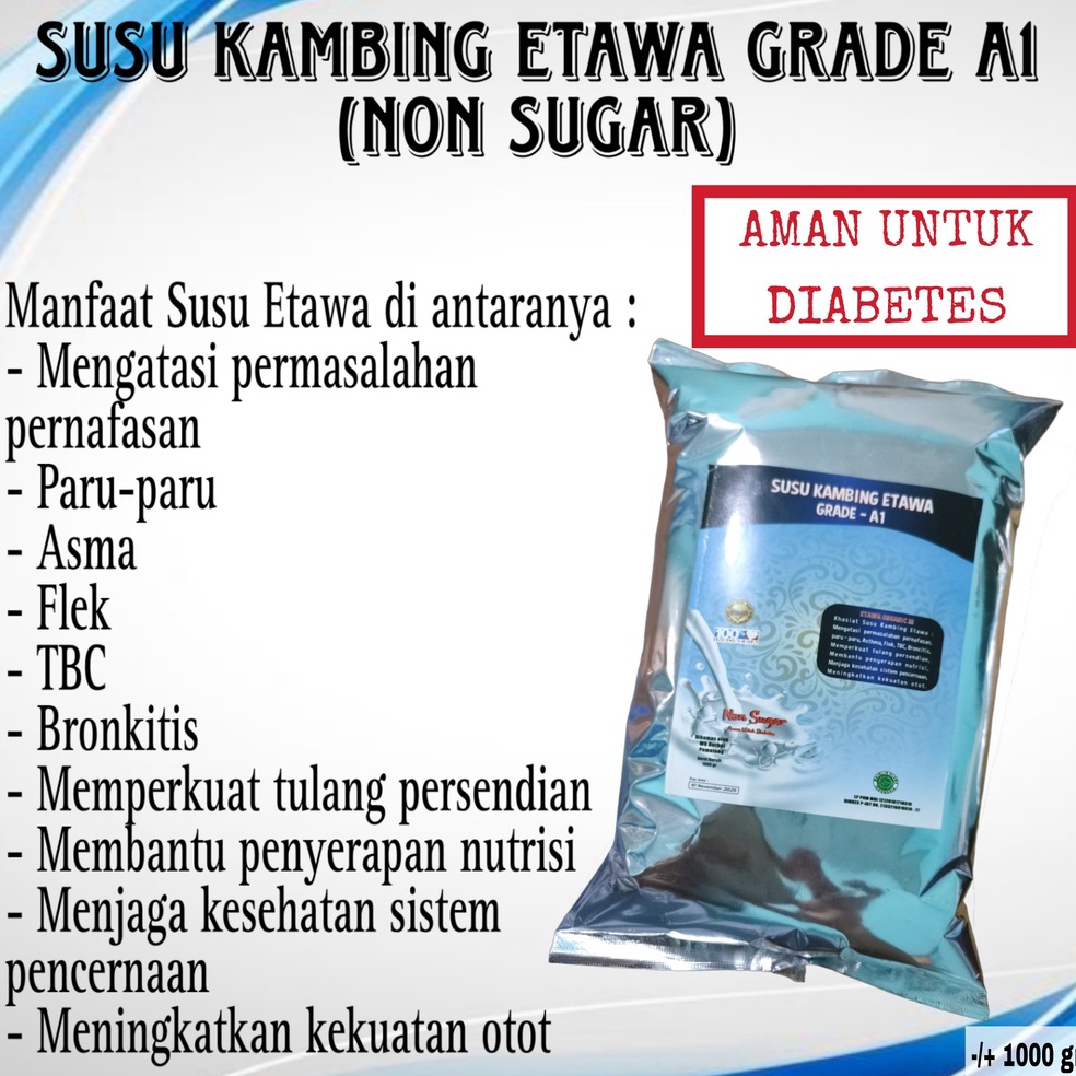 

modelTipe GG712 SUSU KAMBING ETAWA GRADE A NON SUGAR 1KG AMAN UNTUK DIABETES