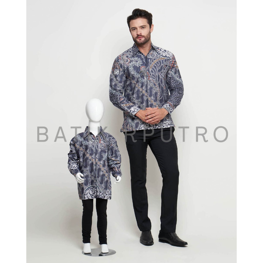 Kemeja Batik Couple Ayah Anak Abu Tua, Batik Pria Abu Tua, Kemeja Batik Pria Warna Abu Tua