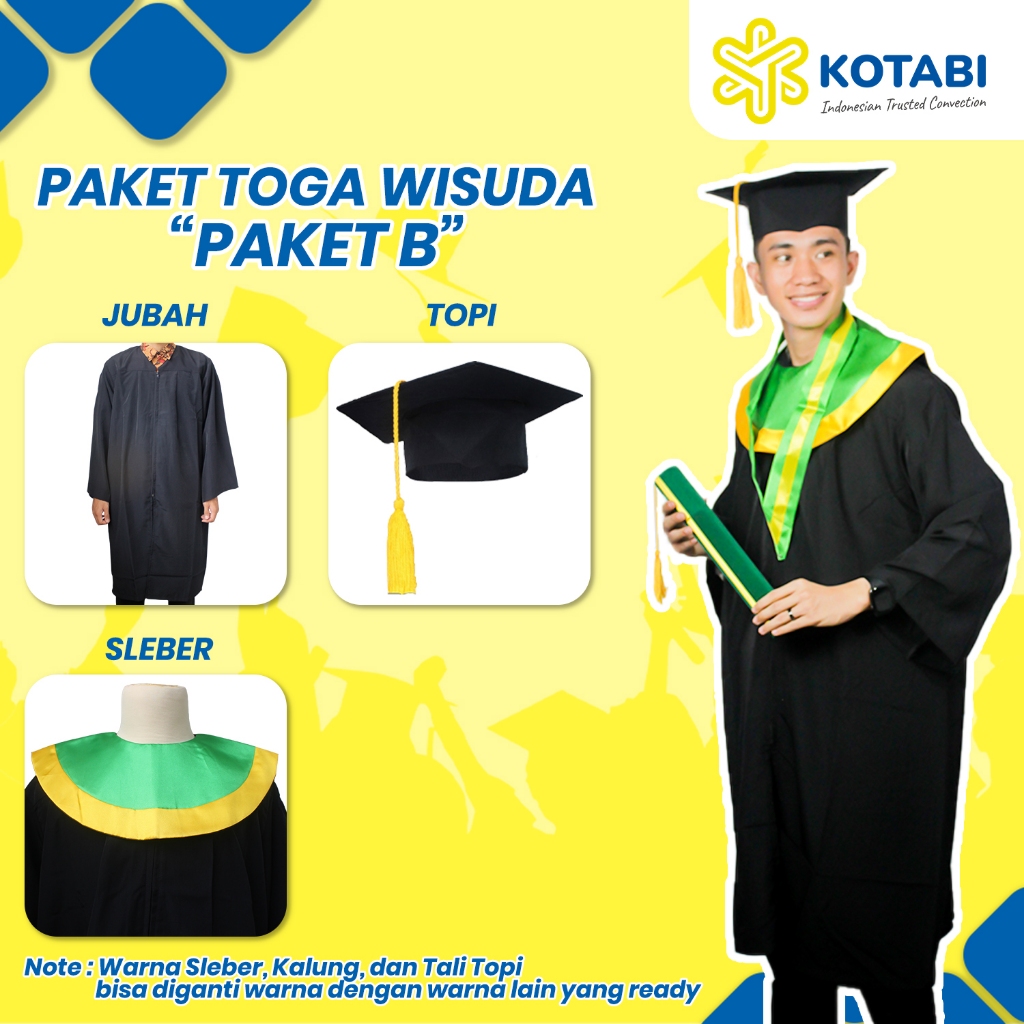 KOTABI - PAKET WISUDA B , jual paket wisuda satuan,warna Hijau lis Kuning,Topi Toga Hitam Tali Warna