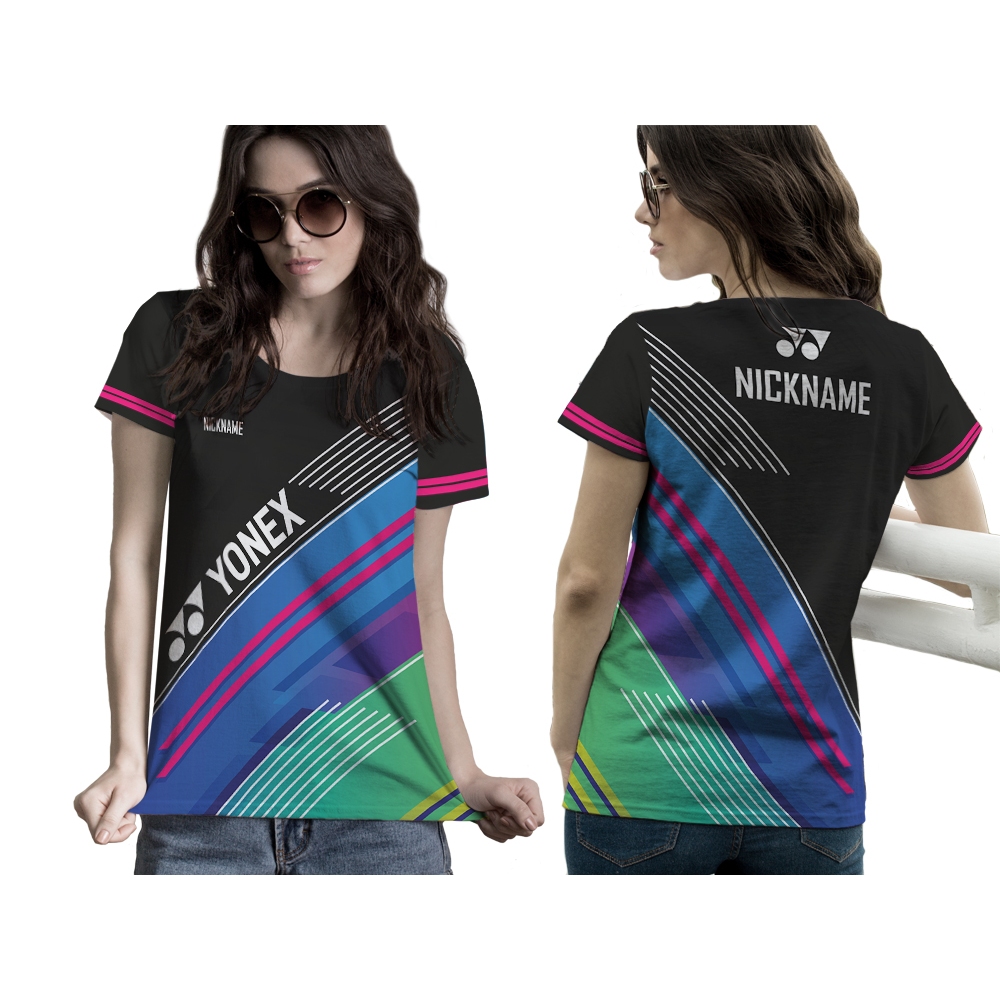 Baju Kaos Tshirt Jersey Retro Olahraga Badminton Abstrak Hitam Wanita Custom