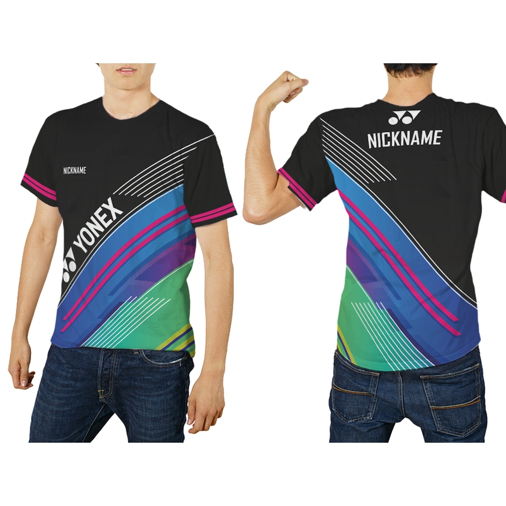 Baju Kaos Tshirt Jersey Retro Olahraga Badminton Abstrak Hitam Pria Custom