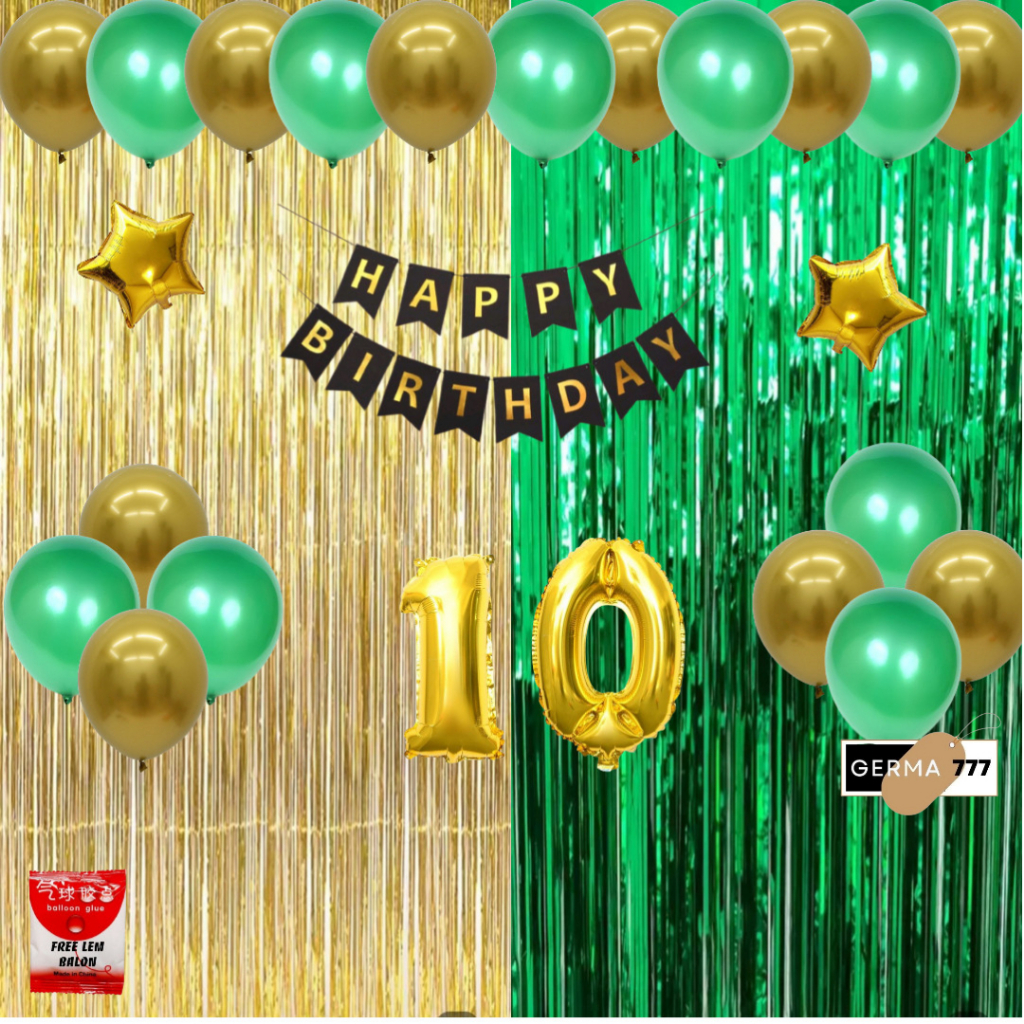 Set Dekorasi Ulang Tahun Anak Tirai Gold Mix Hijau Cewek Cowok Ultah Dekor Happy Birthday Hemat
