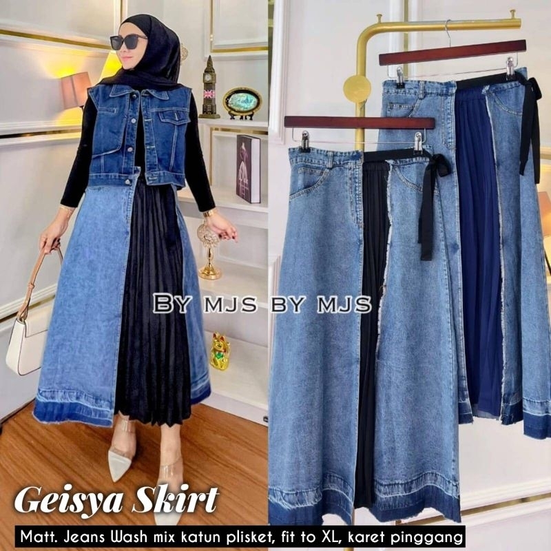 Rok Jeans Rok Plisket Wanita Geisya