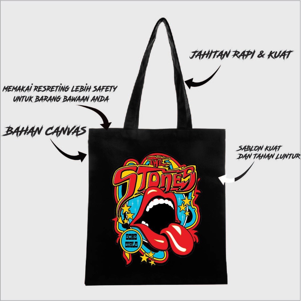 TOTEBAG ROLLING STONE BAHAN CANVAS DRILL TEBAL / TOTEBAG BAND ROLLING STONE / TOTEBAG MUSIC ROLLING 