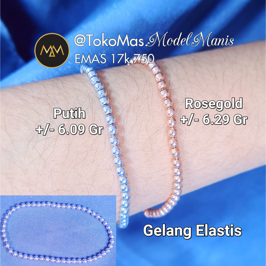 Gelang Emas Karet Biji Lada Emas Putih Rosegold 750 kadar 17k