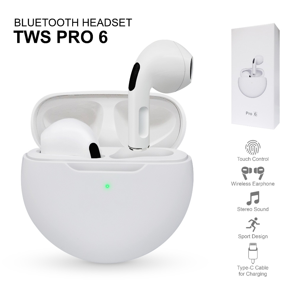 TWS Headset Bluetooth PRO 6 TWS Bluetooth V5.1 with Charging Case Kualitas Bagus