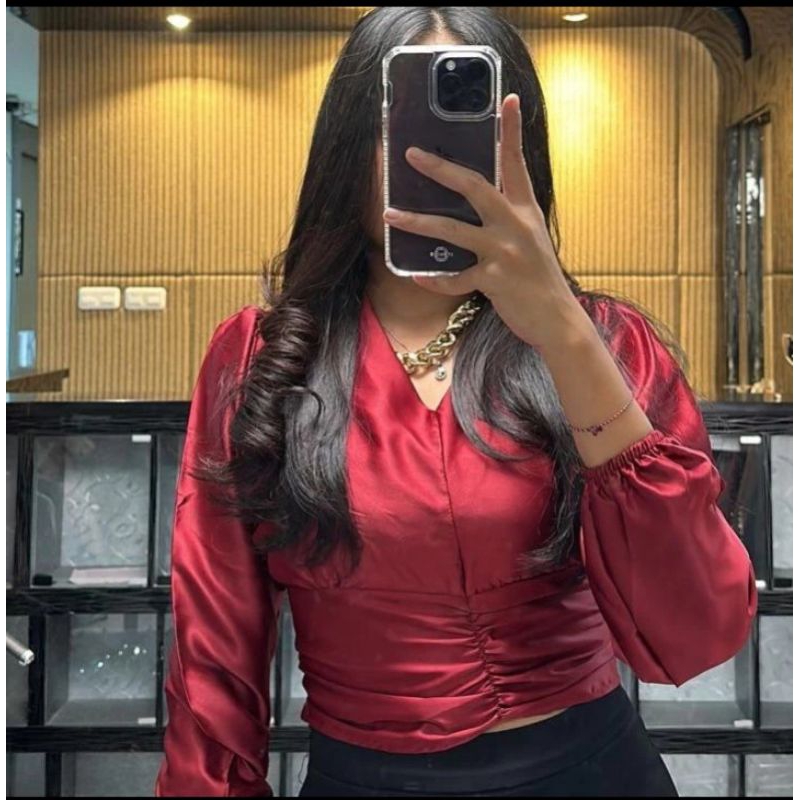 CASUAL BLOUSE SATIN LENGAN PANJANG WANITA