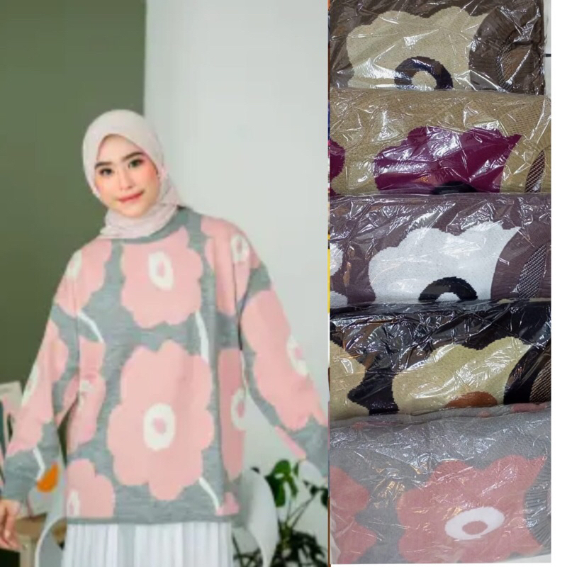 (Motif Bunga) Sweater Rajut Semi Cardigan Rajut Wanita Import/ Kaos Rajut Wanita Import Terbaru Kere