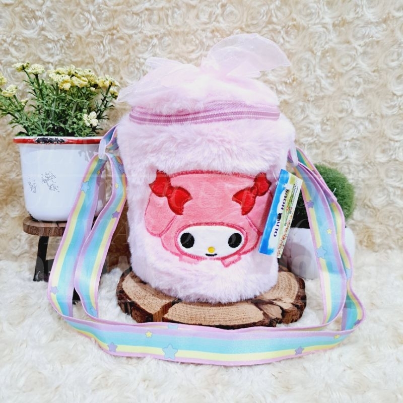 Tas My Melody Tabung Pita Sling Bag My Melody Pink Bulu Tas Slempang My Melody Pink