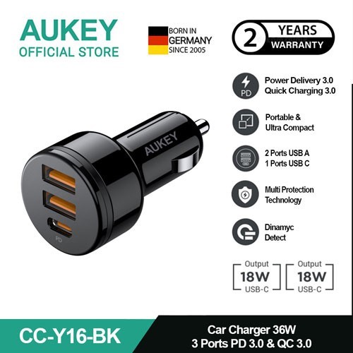 AUKEY 3-Port Car Charger Expedition series model CC-Y16-BK New HADIAH ULANG TAHUN HADIAH NATAL ANAK 