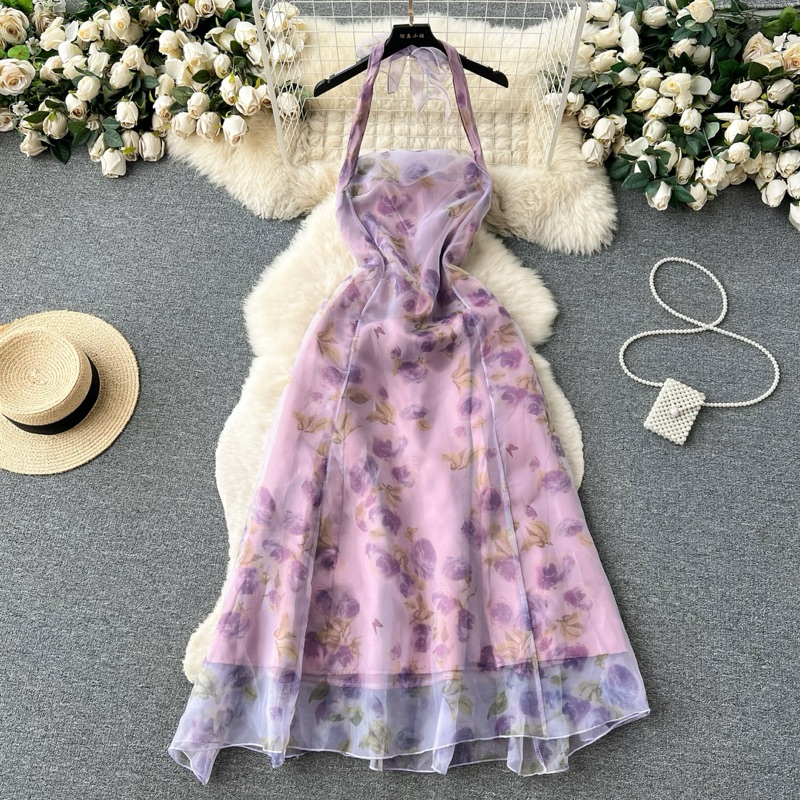 Dress wanita korea floral ungu aesthethic
