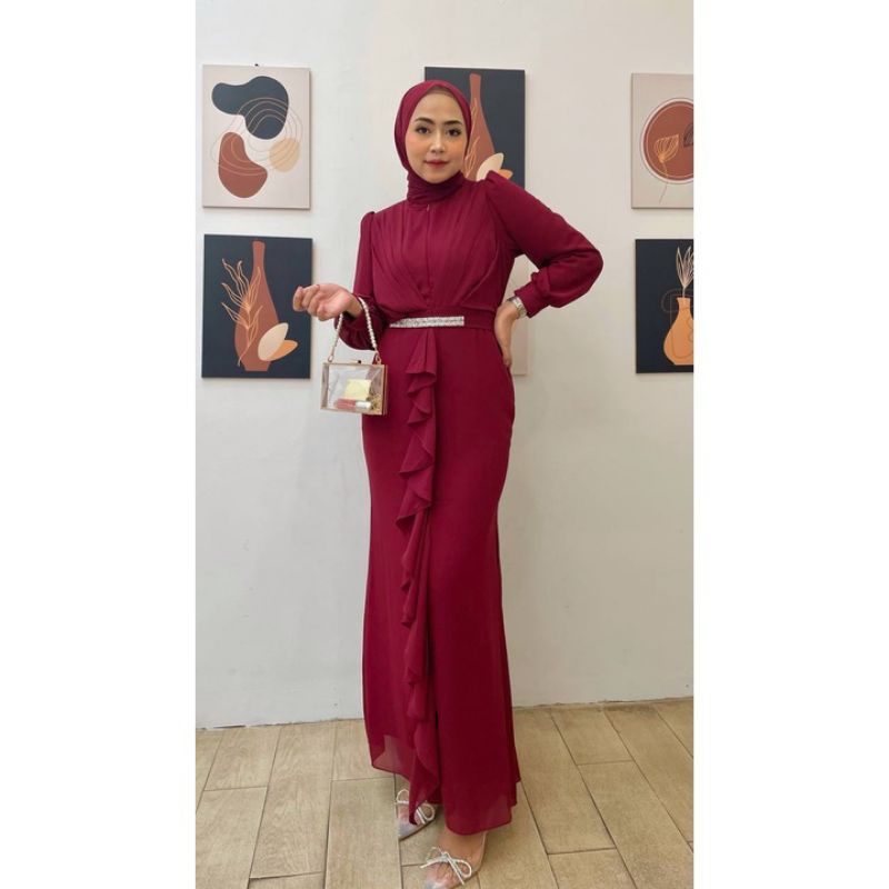 gamis siena long dres ceruti baju kondangan gratis ikat pinggang/ gamis pesta busui friendly gaun